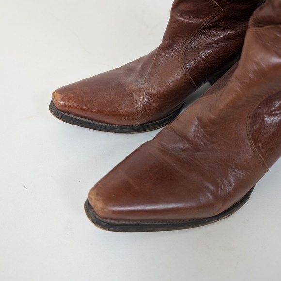 Brown Leather Cowgirl Cowboy Boots Mesh Lining Heeled Slouchy - Picture 6 of 12